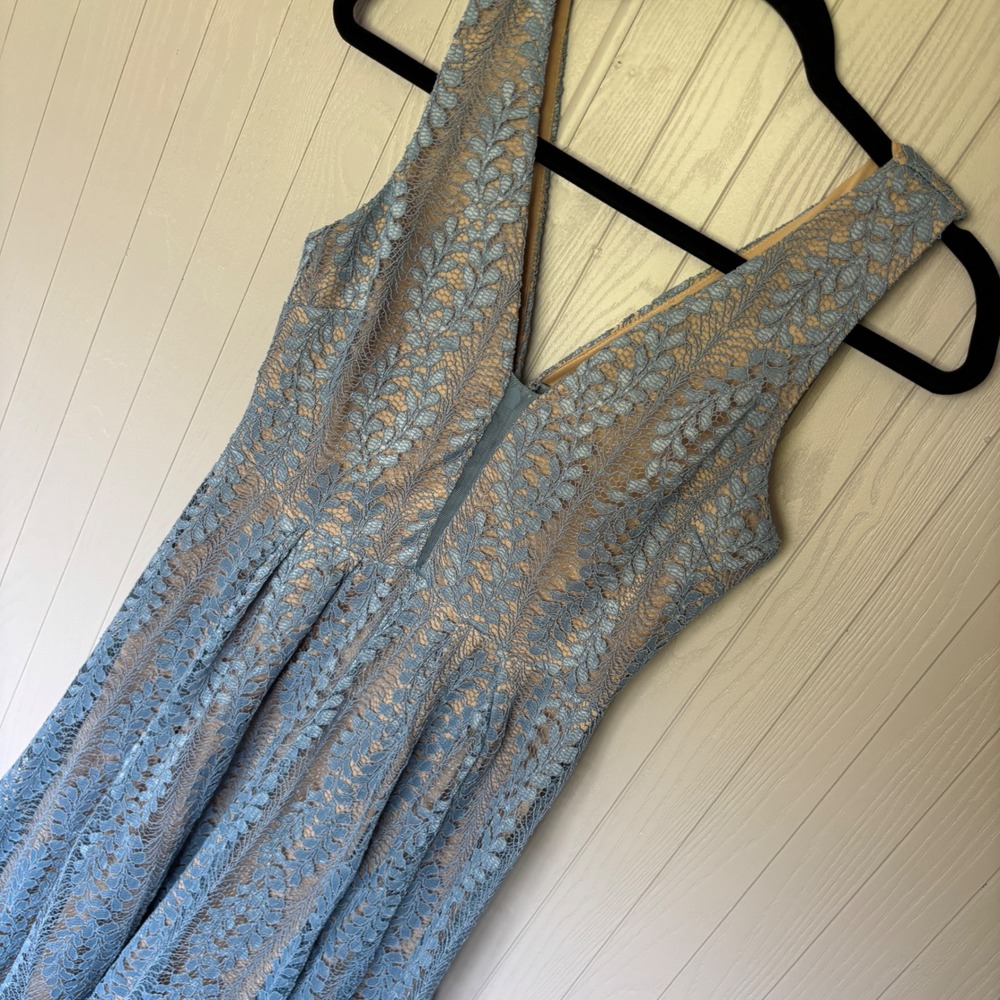 Lulu's Dusty Blue Sleeveless Lace Maxi Dress Eliana Lace V Neck Gown - Picture 4 of 15